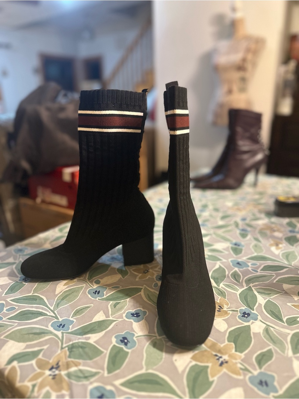 Ribbed Knit Black Sock Booties with Striped Cuff